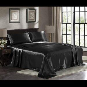 Satin Sheets Queen [4-Piece, Black] Hotel Luxury Silky Bed Sheets - Extra Soft